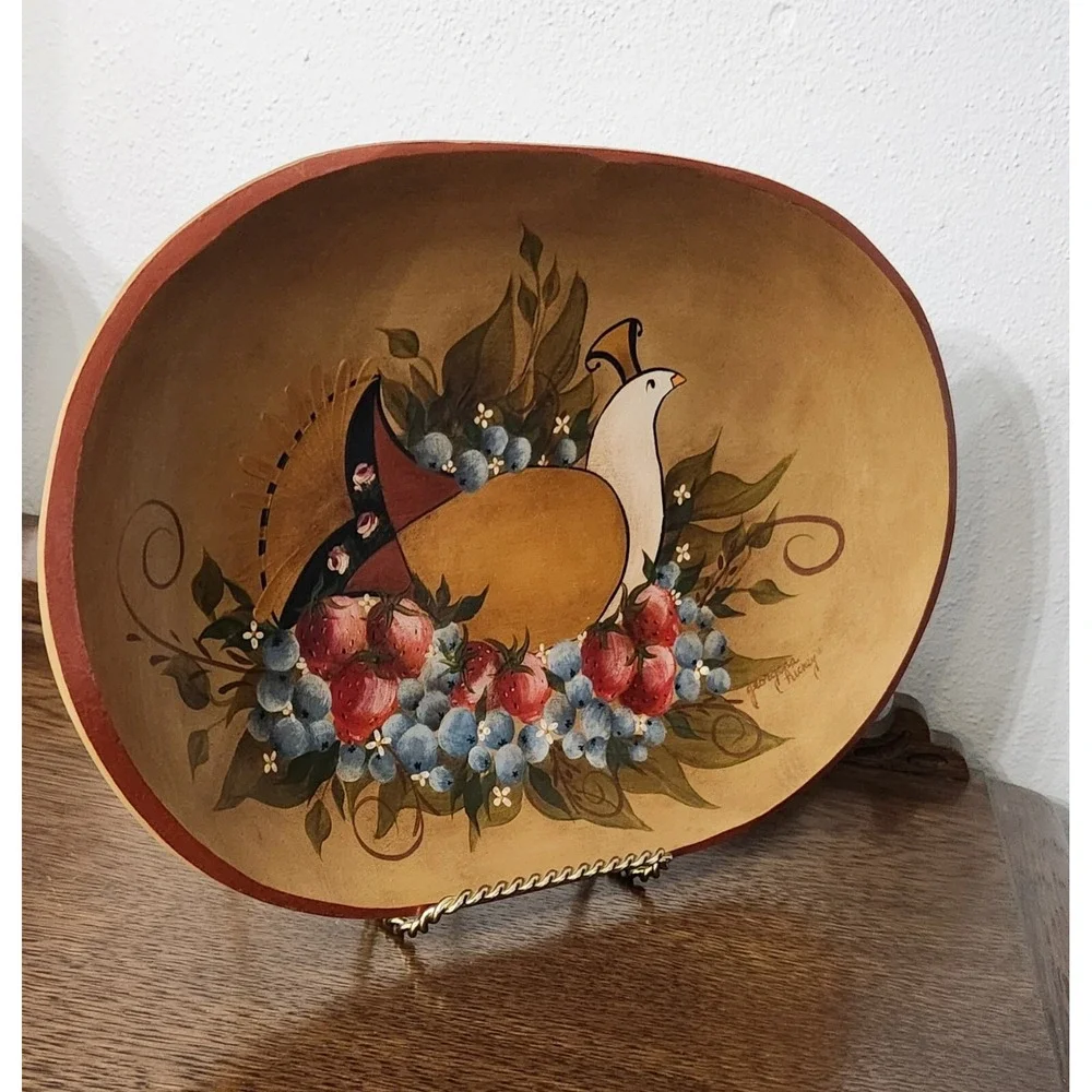 Vintage Handpainted Wooden Partridge Dove Folk Art Tray Bowl Wall Hanging Signed